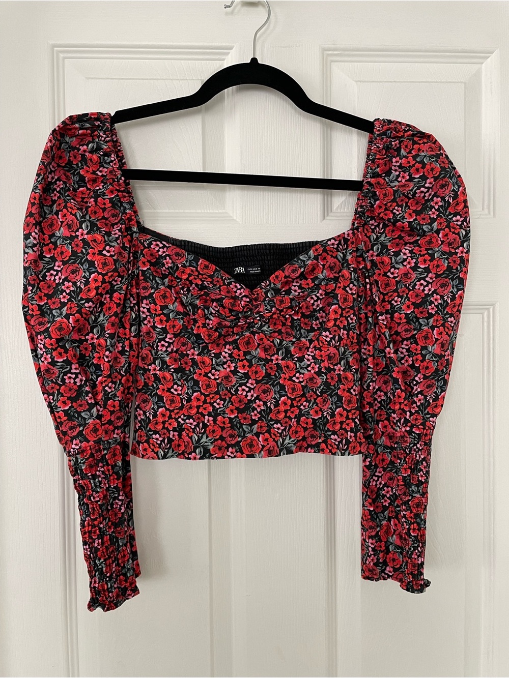 Zara Red Floral Puff Sleeve Crop Sweetheart Top